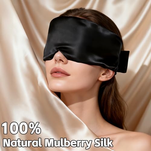 100% Maulbeerseide Schlafmaske Weich Atmungsaktiv mit Verstellbarem Kopfband für Frauen und Männer Schwarz