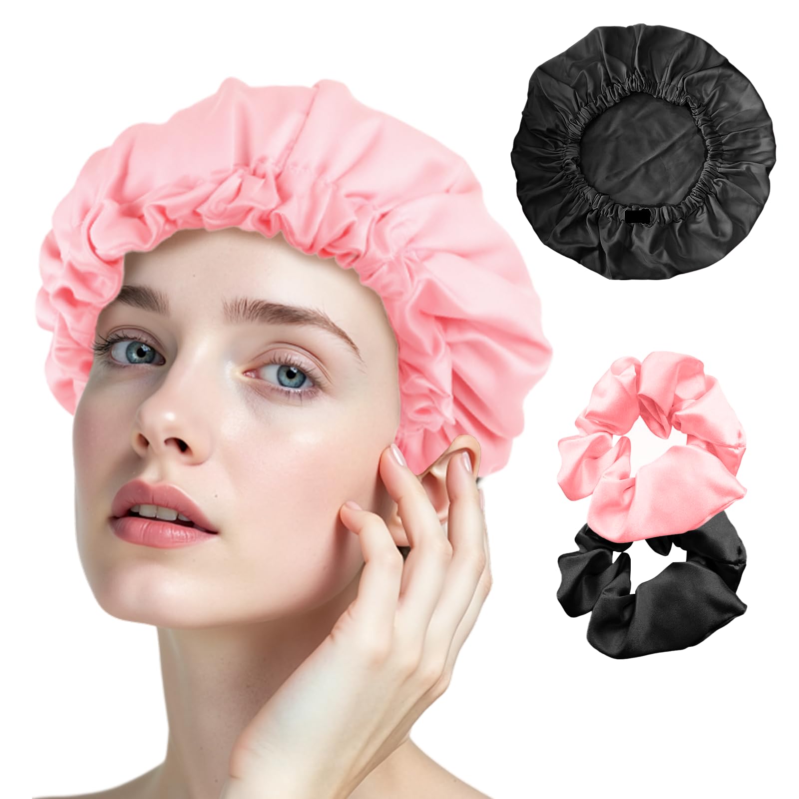 Seidenhaube für Lange Haare – Weiche Luxus-Seide Schlafhaube, 2er Set Schwarz + Rosa