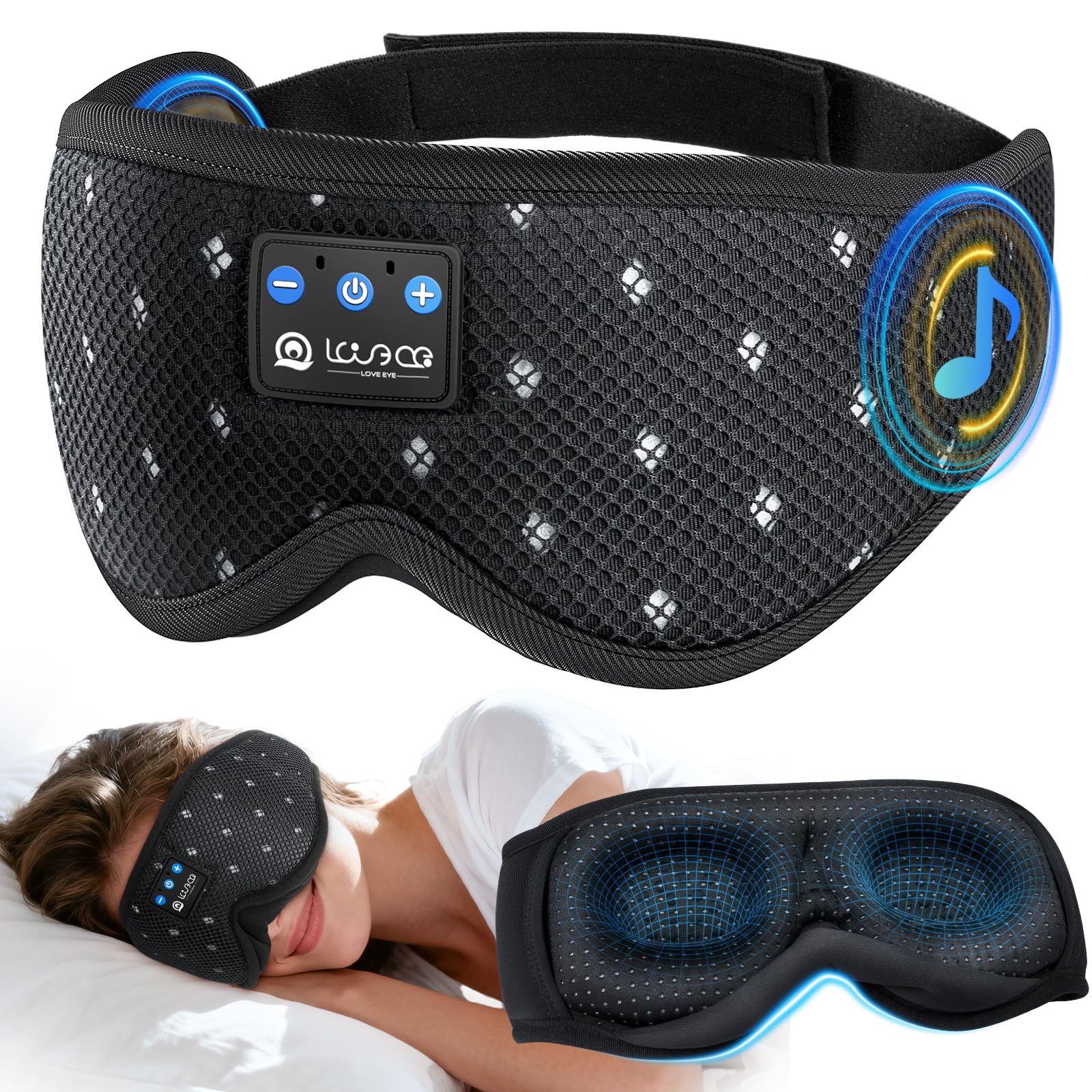 LOVE EYE Schlafmaske für Seitenschläfer – 3D atmungsaktiv lichtblockierend GRS-zertifiziert (Schwarz)