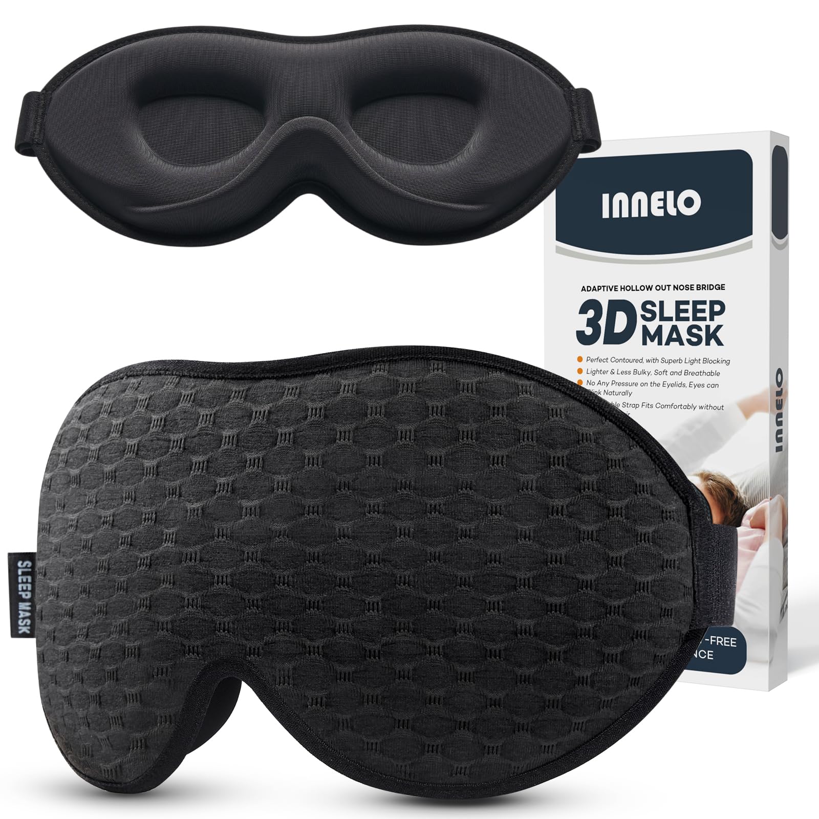 INNELO Schlafmaske 100% Lichtblockierend, Atmungsaktive 3D Memory Foam Augenmaske für Reisen, Schwarz